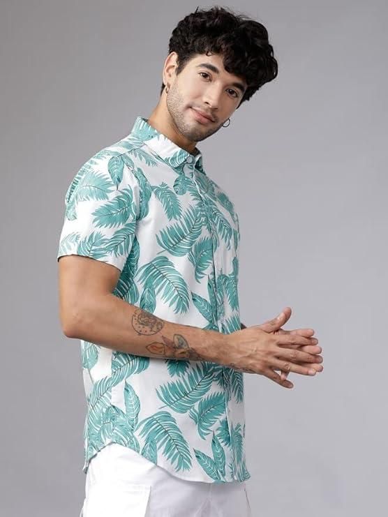 Men's Printed Half Sleeves Spread Collar Casual Shirt White & Light Green