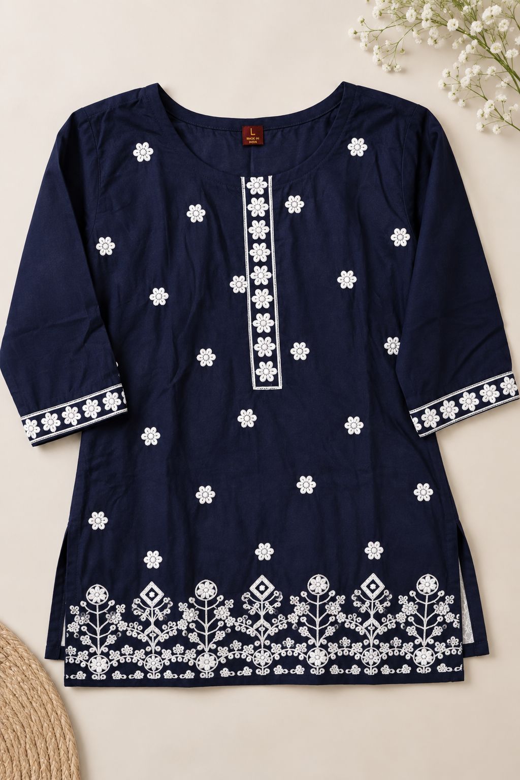 Navy Blue Floral Embroidered Kurti with White Pants