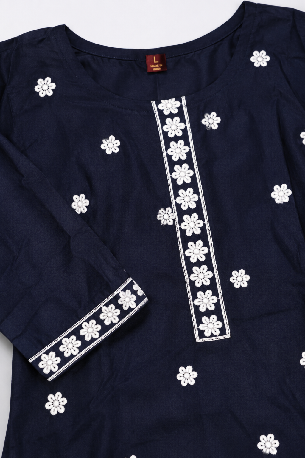 Navy Blue Floral Embroidered Kurti with White Pants