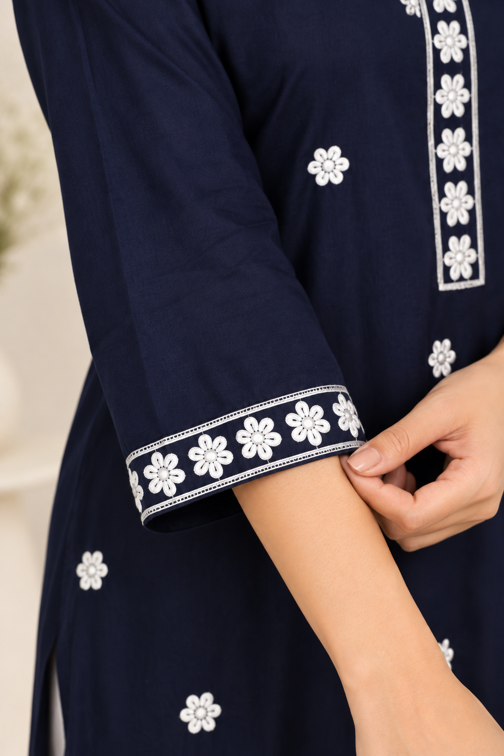 Navy Blue Floral Embroidered Kurti with White Pants