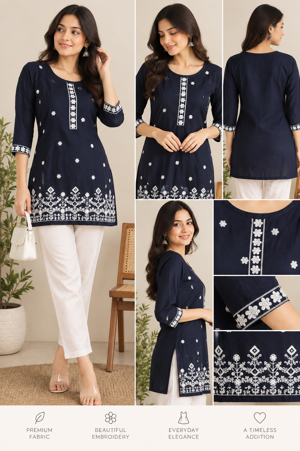 Navy Blue Floral Embroidered Kurti with White Pants