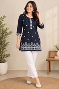 Navy Blue Floral Embroidered Kurti with White Pants