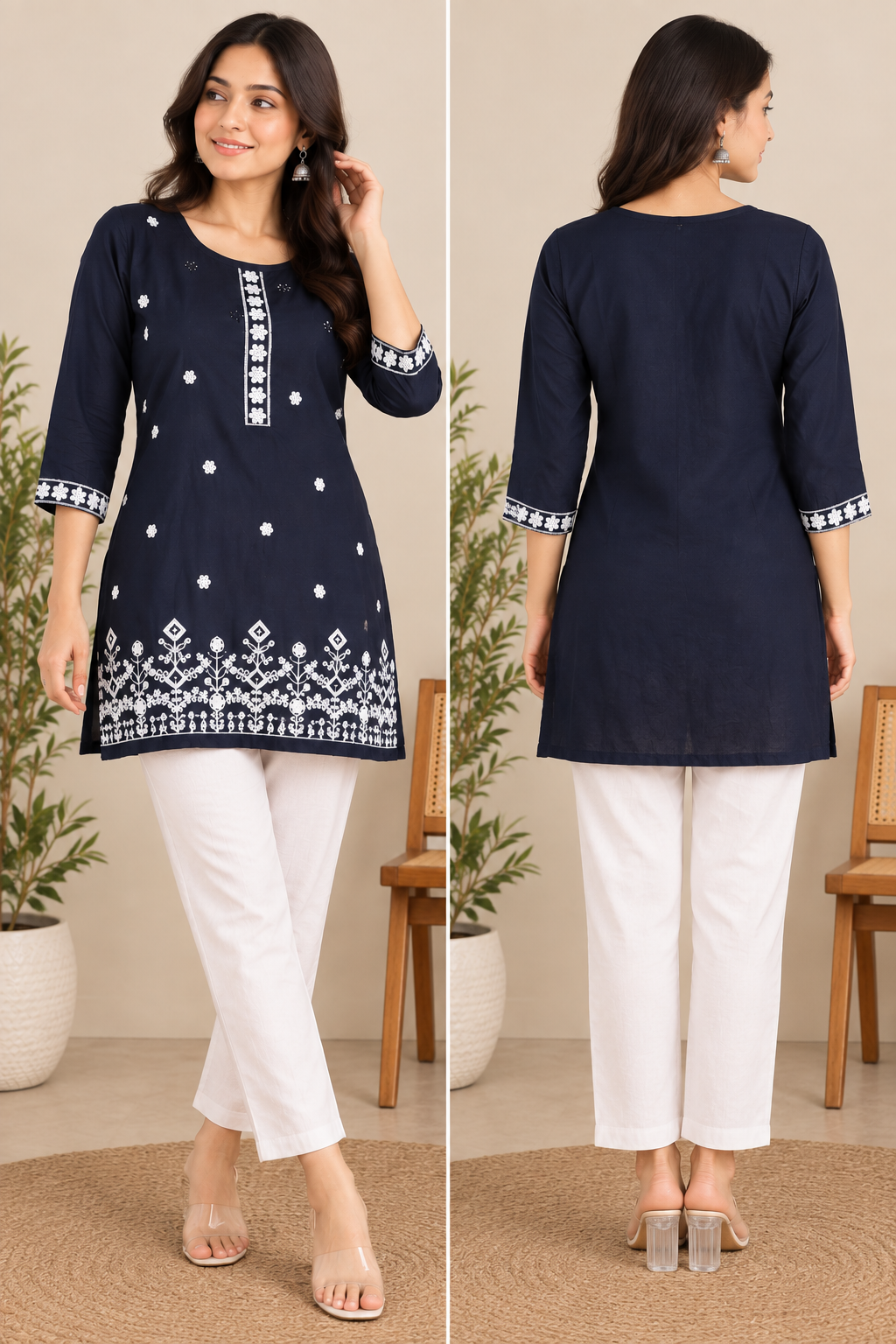 Navy Blue Floral Embroidered Kurti with White Pants
