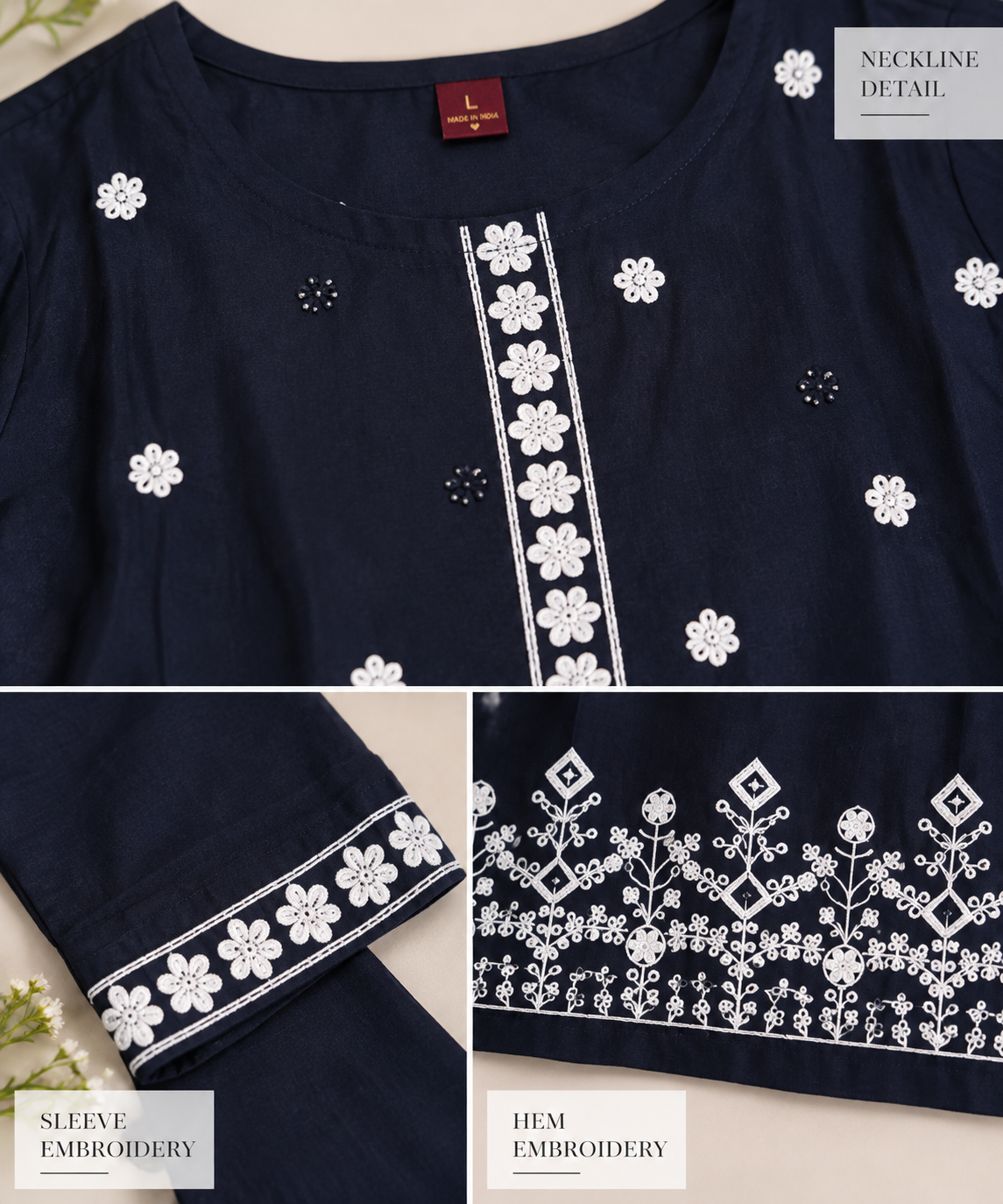 Navy Blue Floral Embroidered Kurti with White Pants