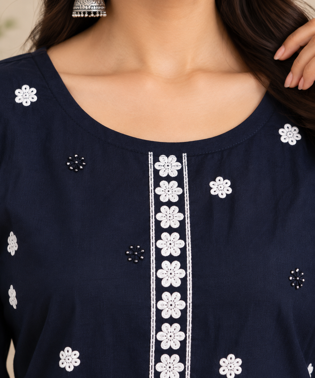 Navy Blue Floral Embroidered Kurti with White Pants