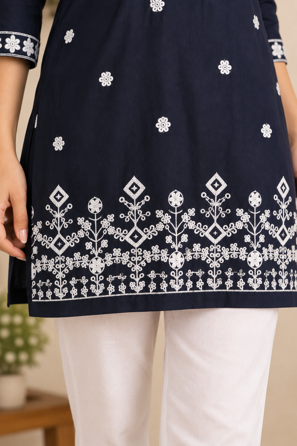 Navy Blue Floral Embroidered Kurti with White Pants
