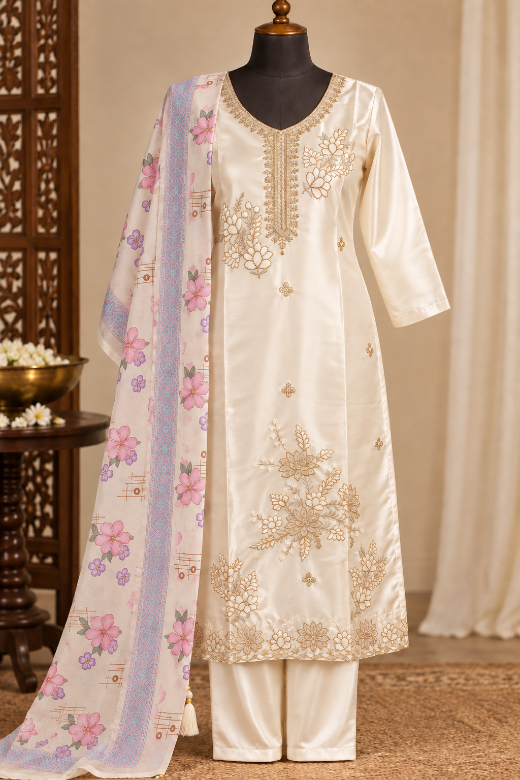 Ivory Embroidered Kurta Set - Flat lay