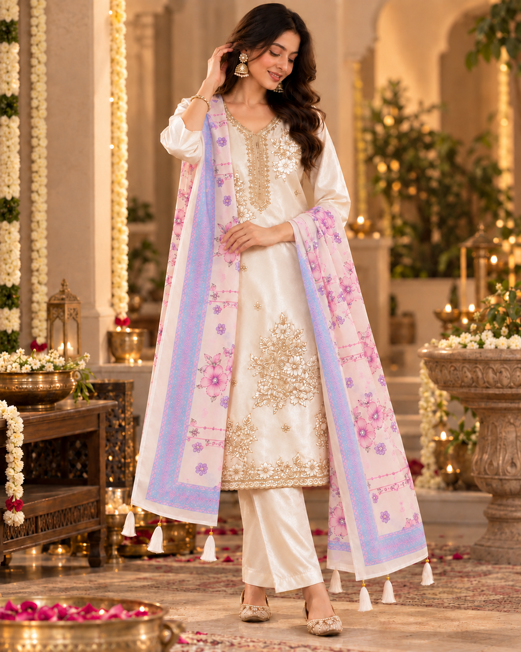 Ivory Embroidered Kurta Set - Full look