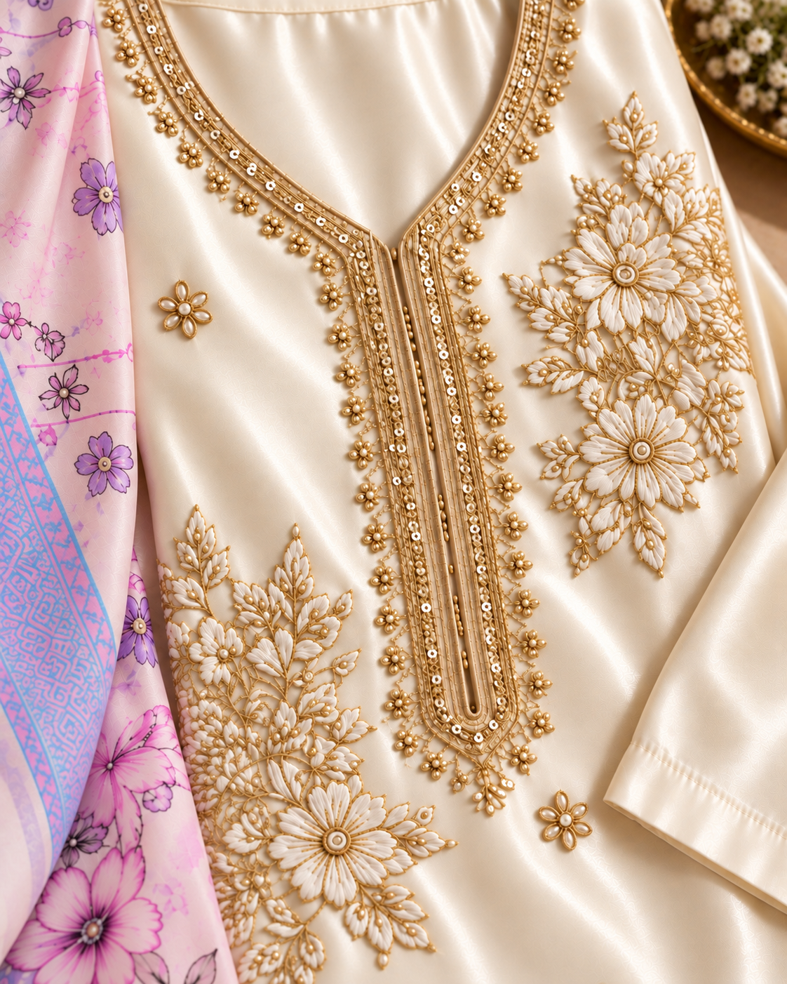 Ivory Embroidered Kurta Set - Side view