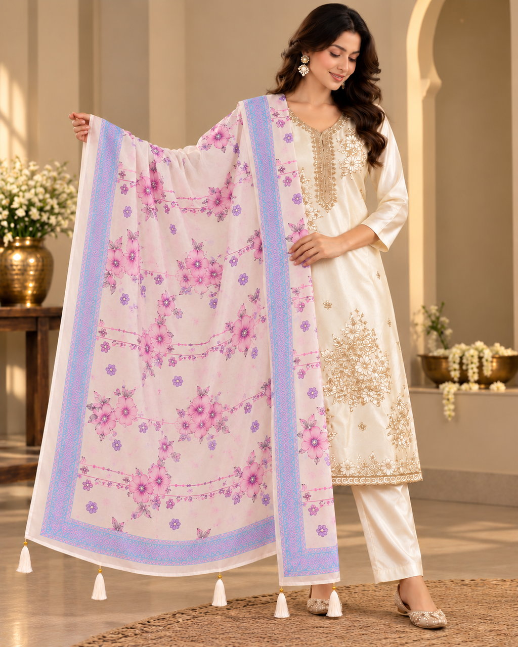 Ivory Embroidered Kurta Set - Front view with embroidery detail