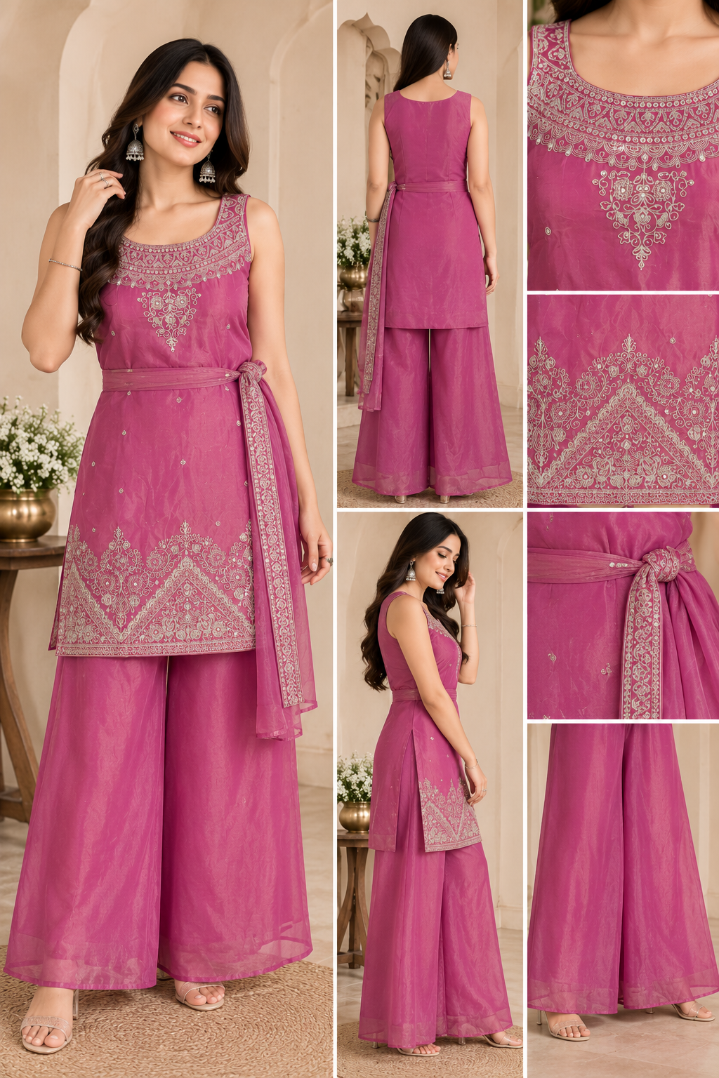 Collage view of pink sharara set with belt and styling options