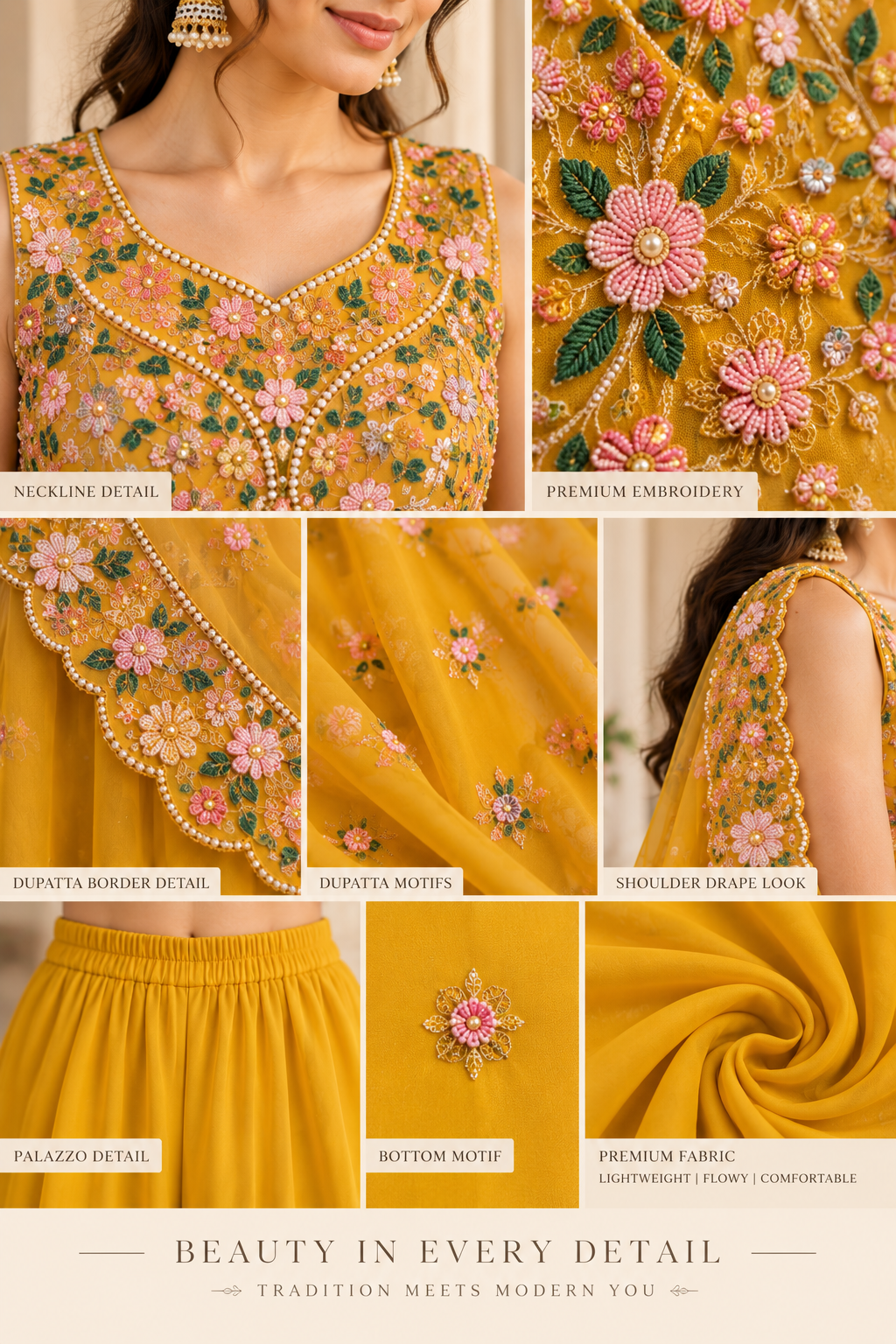 Mustard Yellow Floral Embroidered Palazzo Set - Full Look