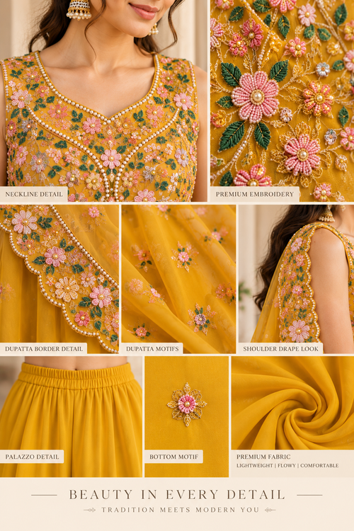 Mustard Yellow Floral Embroidered Palazzo Set - Full Look