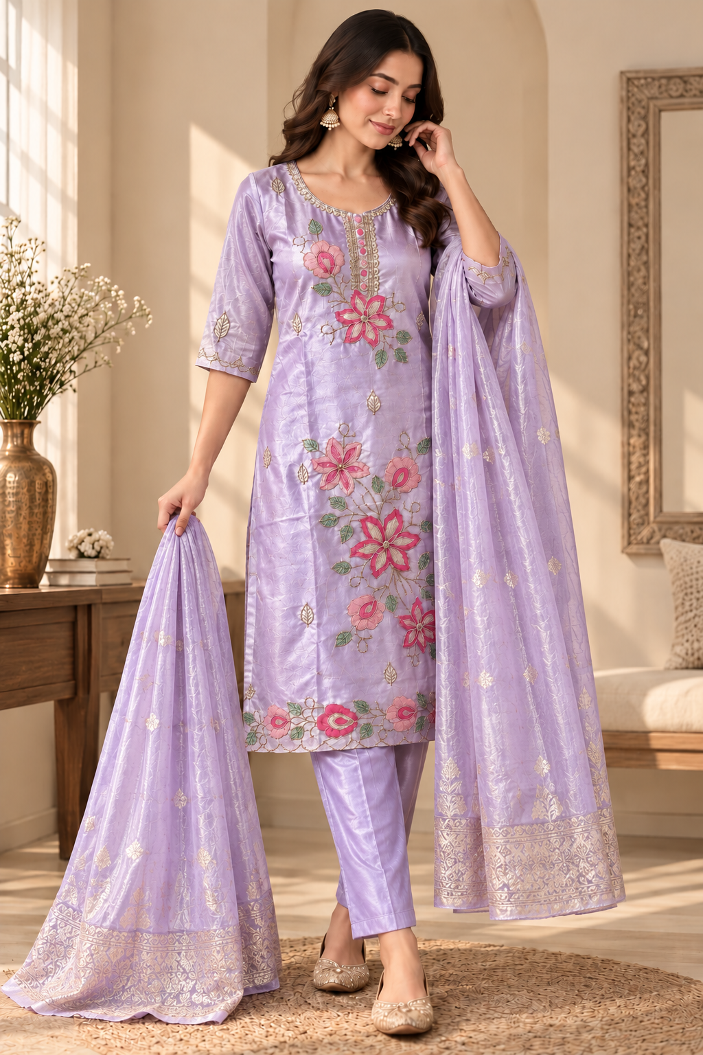 Lavender Blossom Suit Set - Dupatta detail