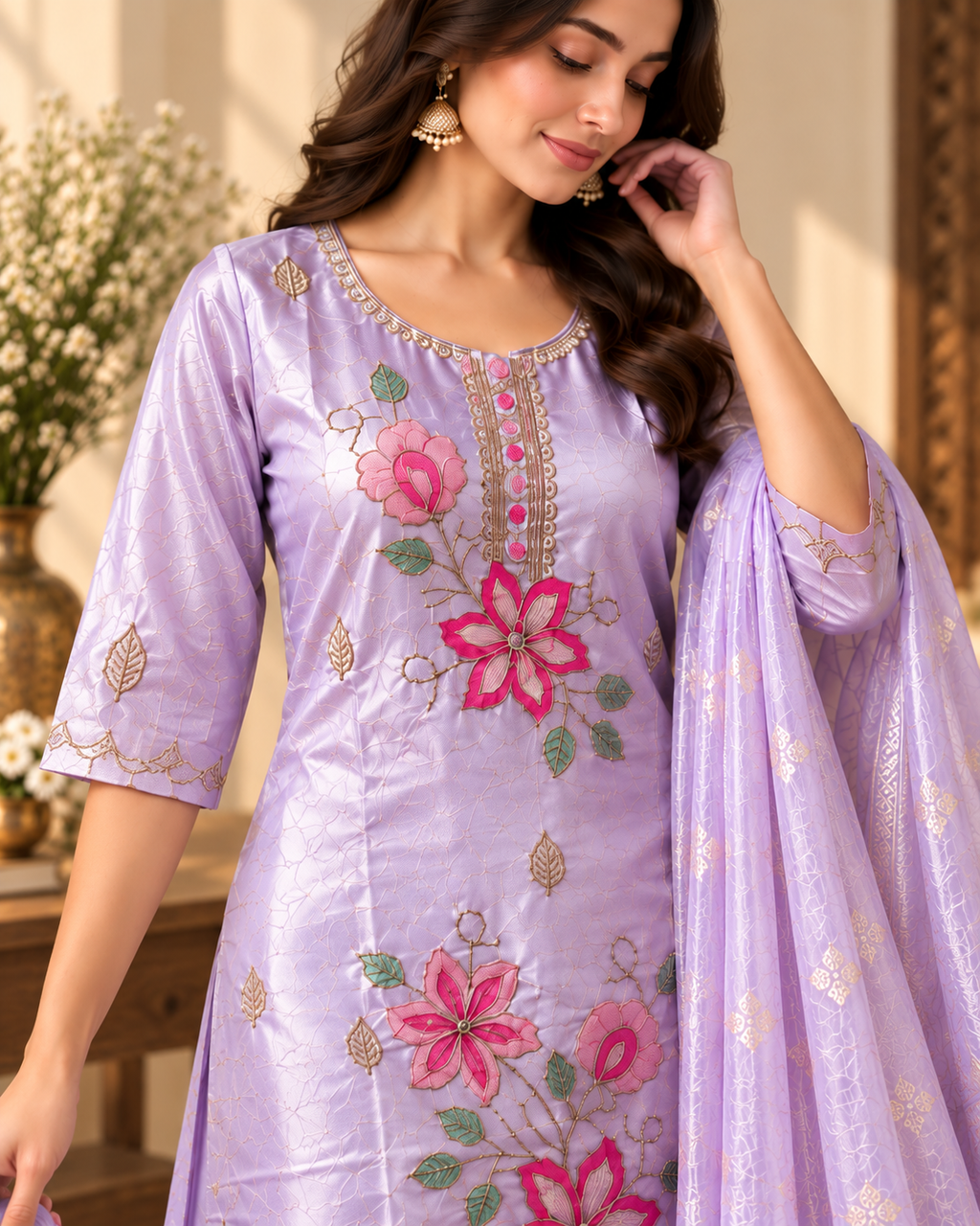 Lavender Blossom Suit Set - Neckline detail