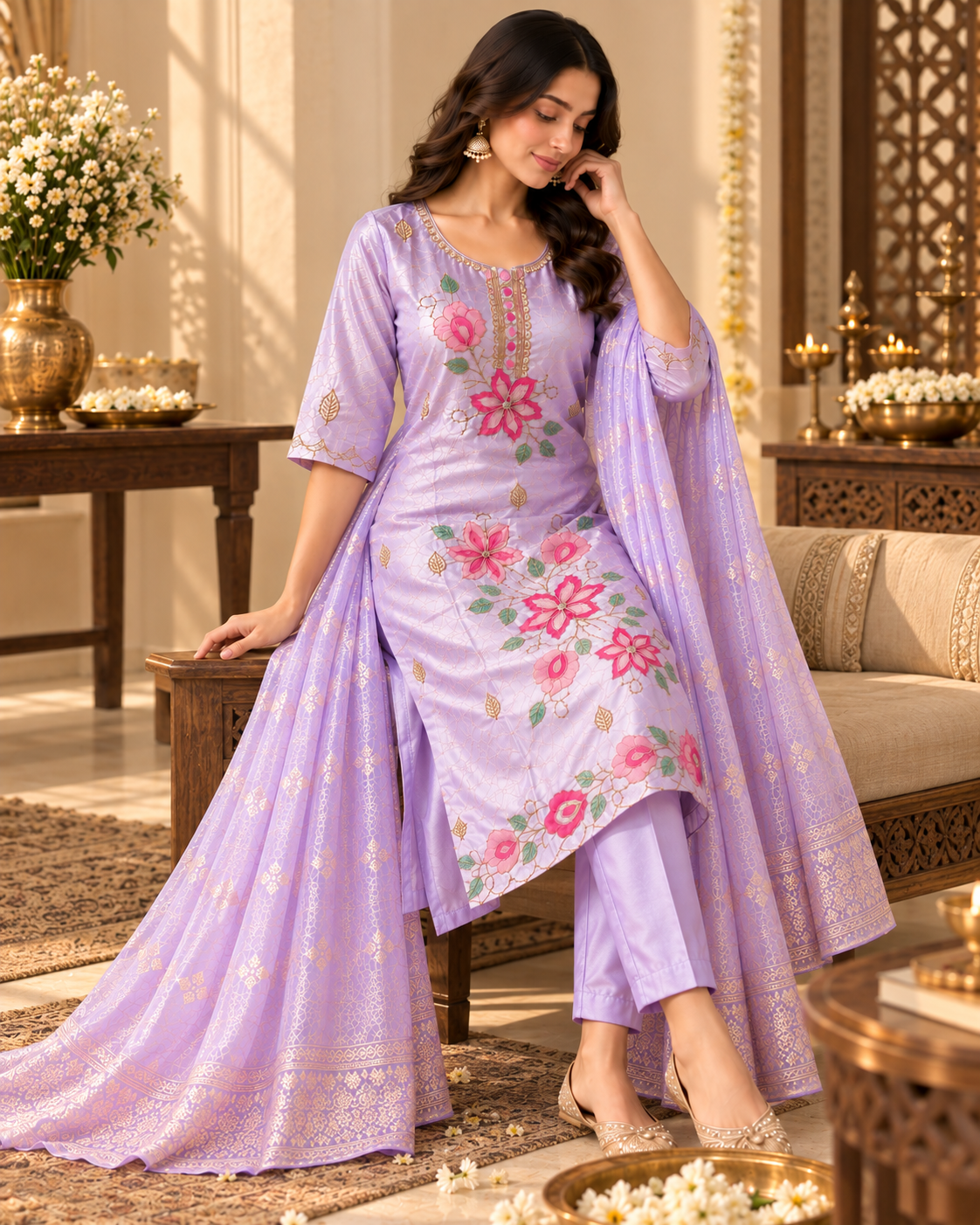 Lavender Blossom Suit Set - Flat lay with dupatta