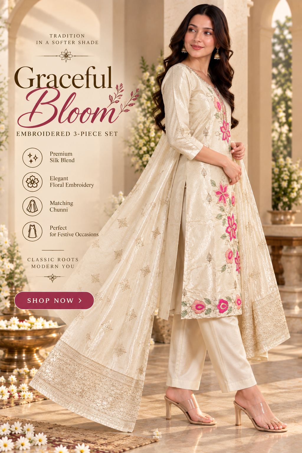 Graceful Bloom - Flat lay of kurta, palazzo and chunni
