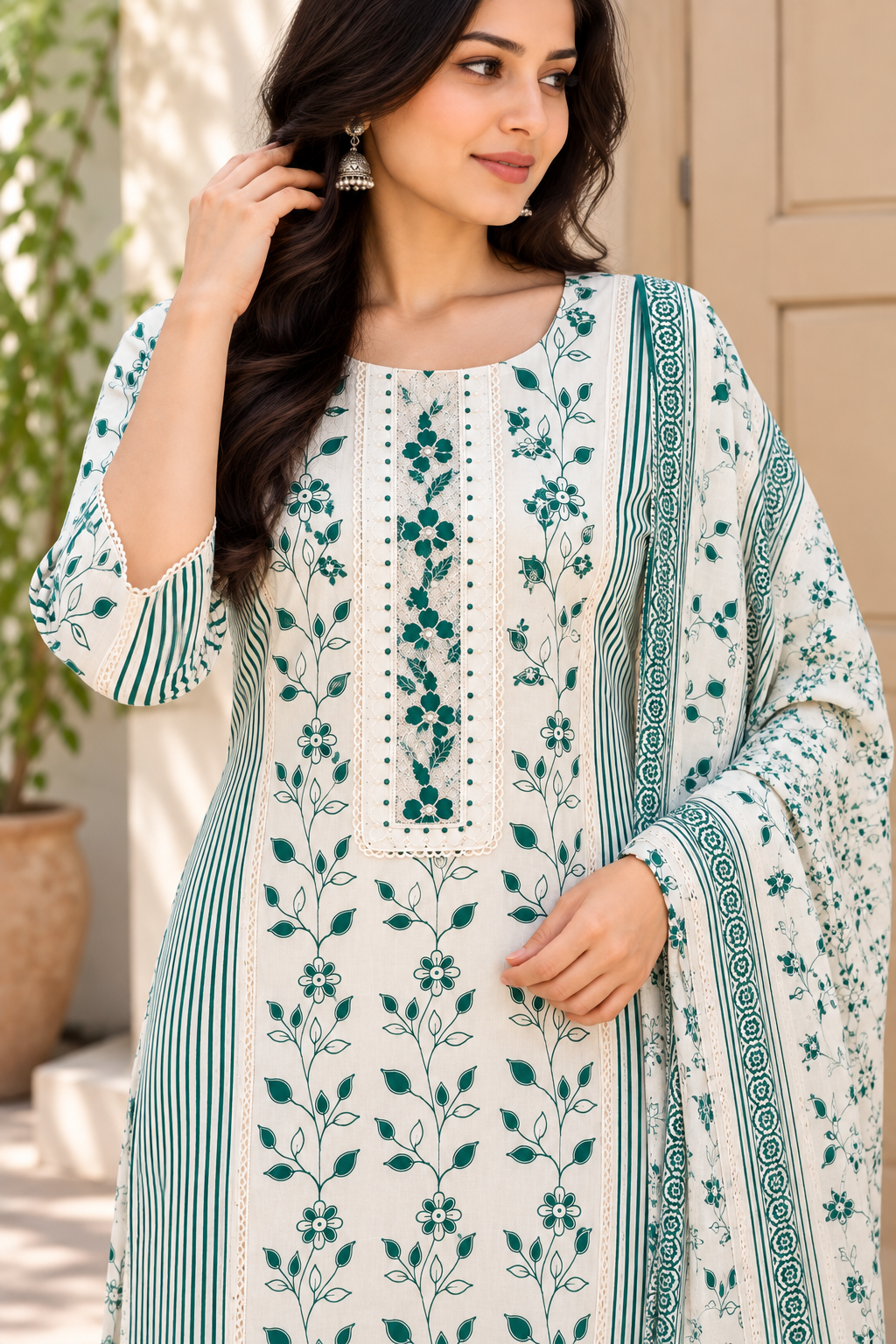 White and Teal Kurta Set - Full Front View