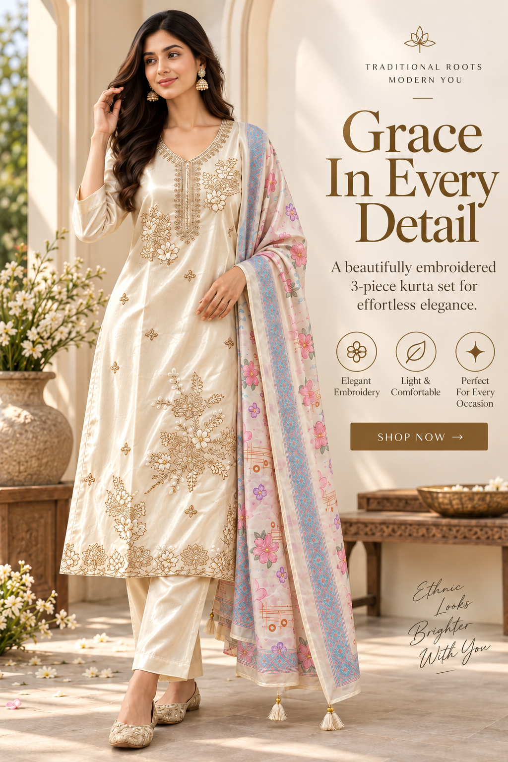 Grace in Every Detail —Ivory Embroidered Kurta Set with Floral Dupatta