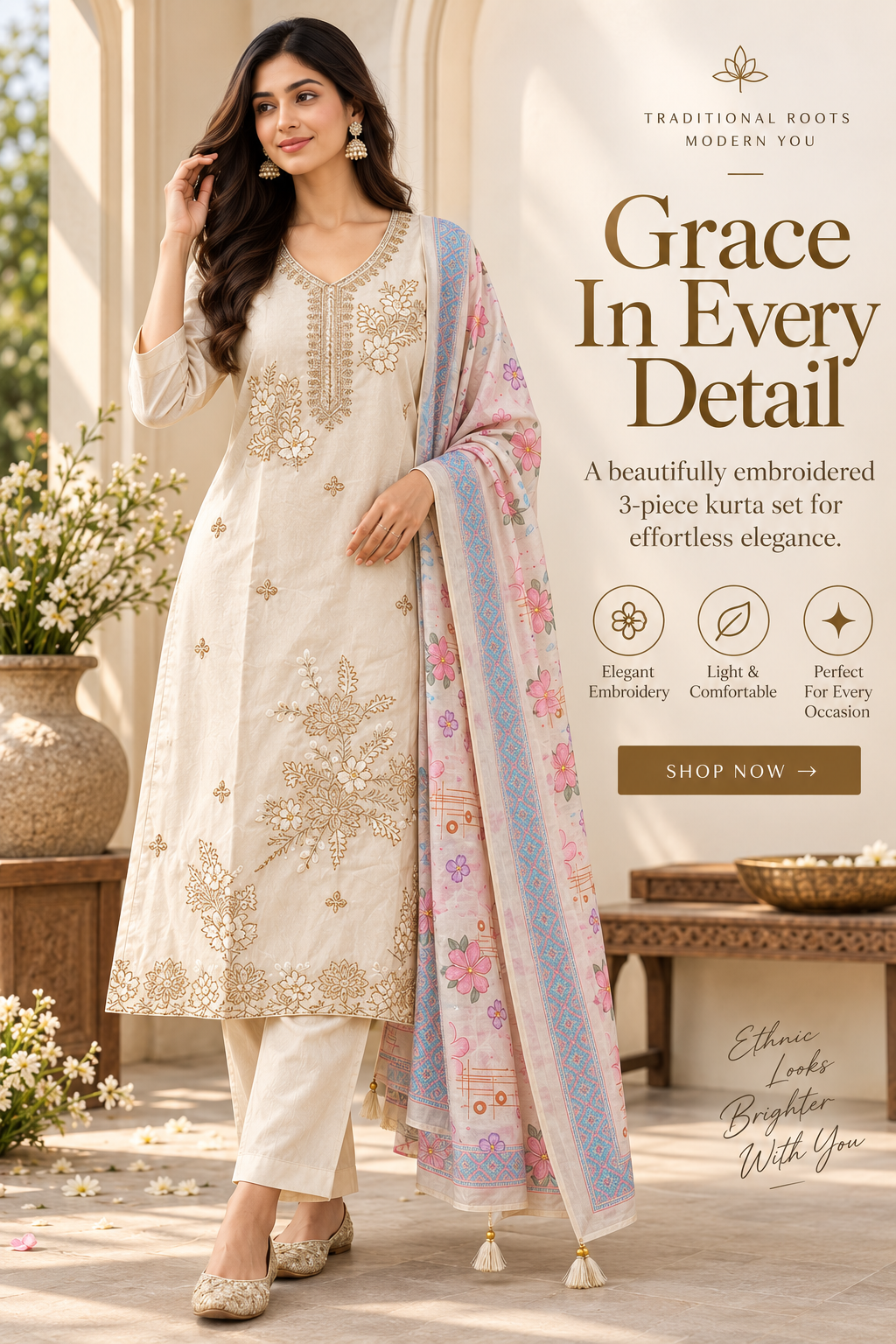 Grace in Every Detail —Ivory Embroidered Kurta Set with Floral Dupatta