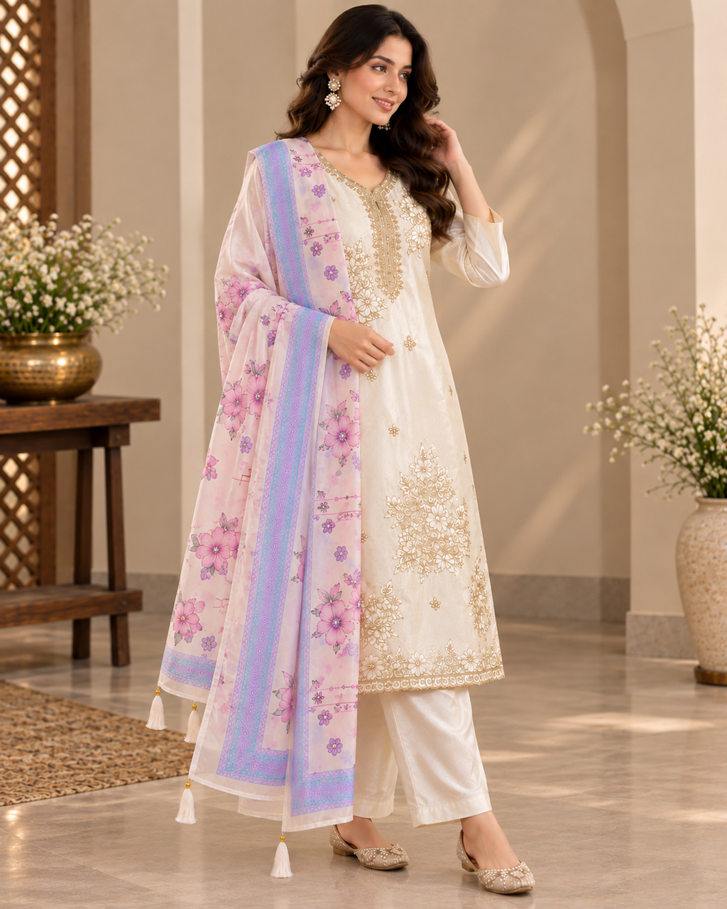 Ivory Embroidered Kurta Set - Model pose