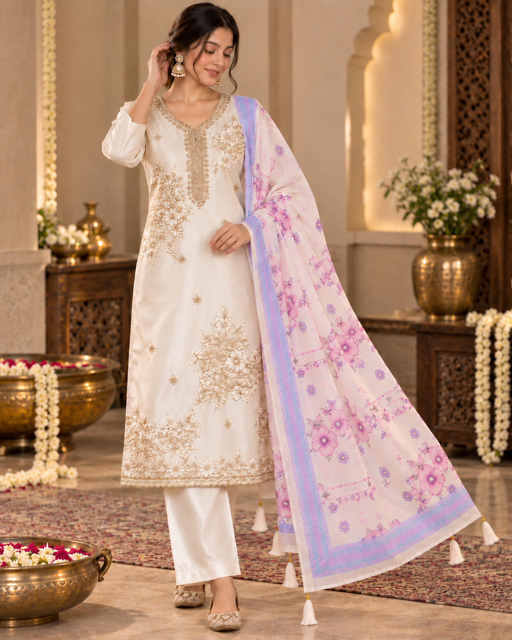 Ivory Embroidered Kurta Set - Dupatta detail