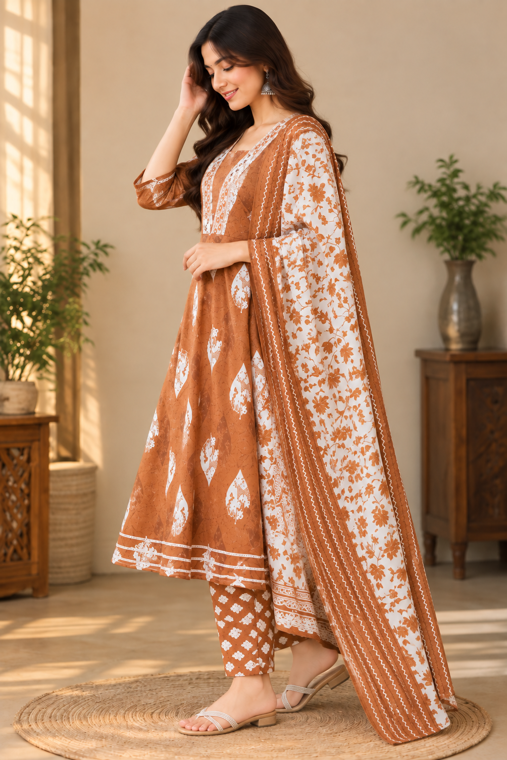 Elegant Earth-Toned Kurta Side Portrait
