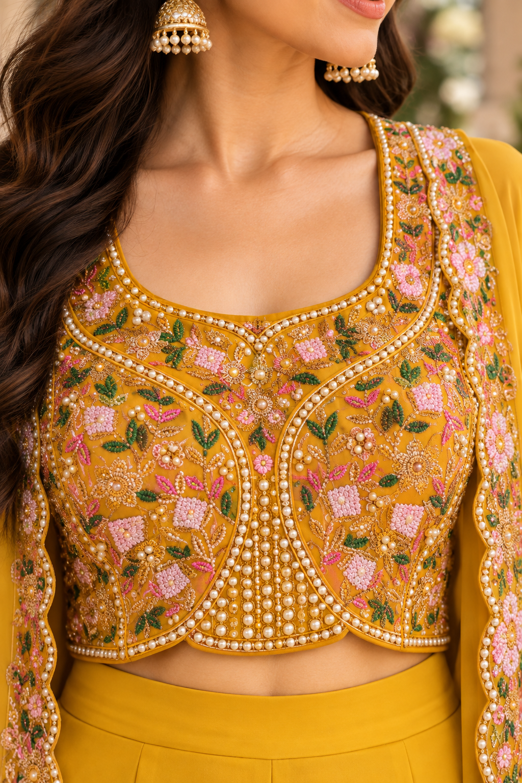 Fabric Details - Mustard Yellow Embroidered Palazzo Set