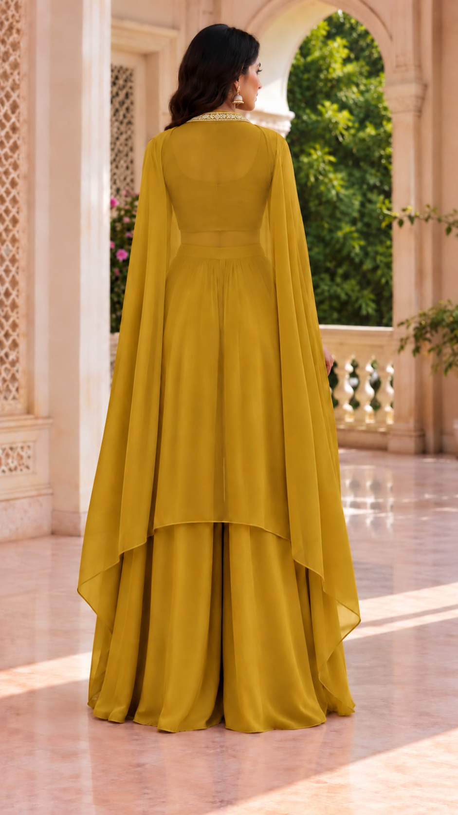Mustard Embroidered Cape Palazzo Set - Back View