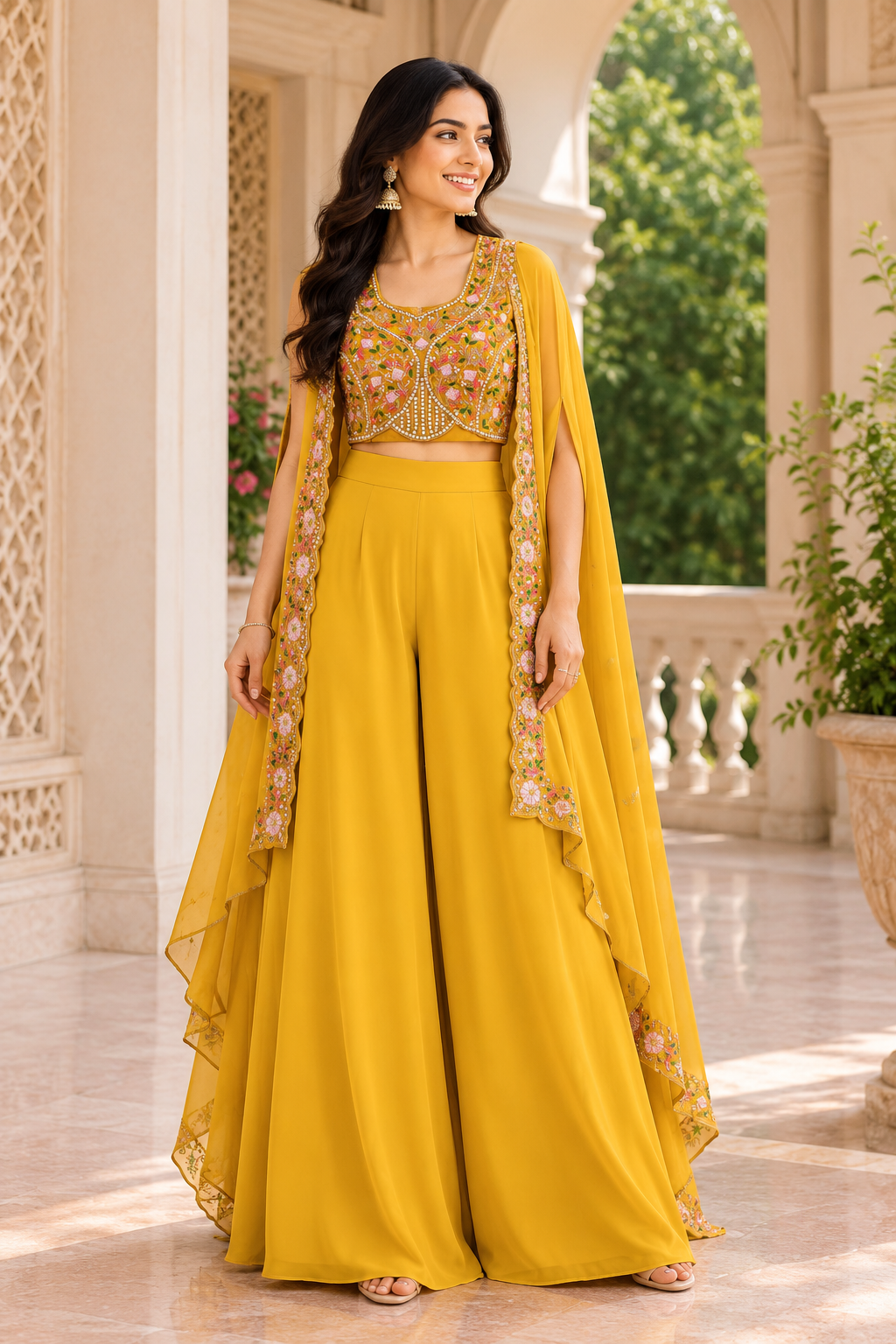 Mustard Embroidered Lehenga in Heritage Courtyard - Front View