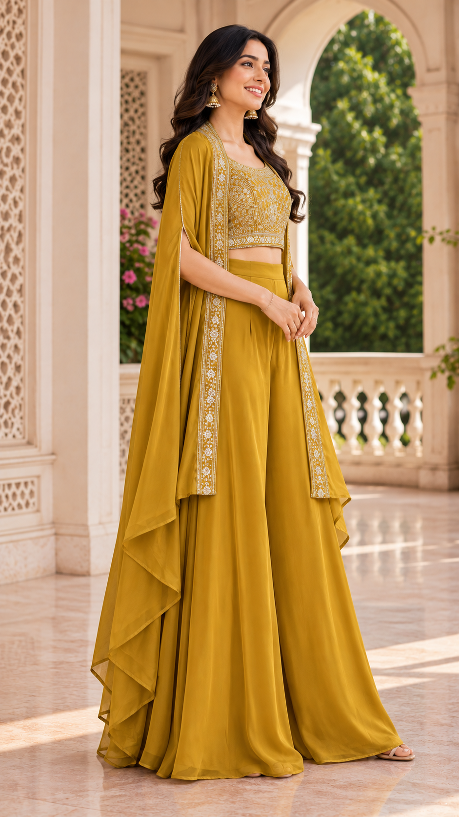Mustard Embroidered Cape Palazzo Set - Side View