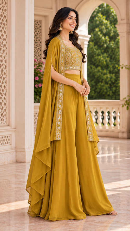 Mustard Embroidered Cape Palazzo Set - Side View