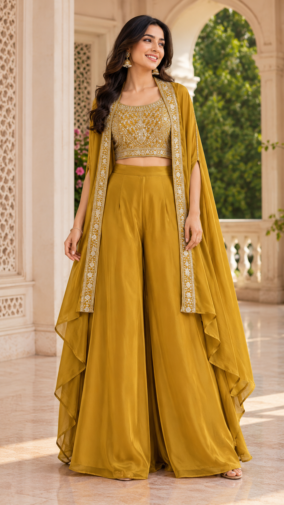 Mustard Embroidered Cape Palazzo Set - Front View