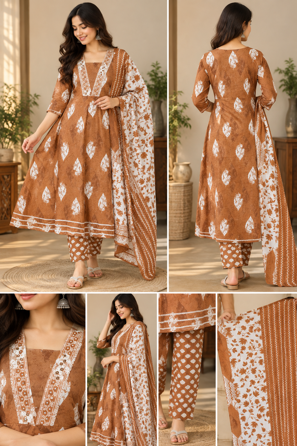 Rust Floral Kurta Set Studio Collage