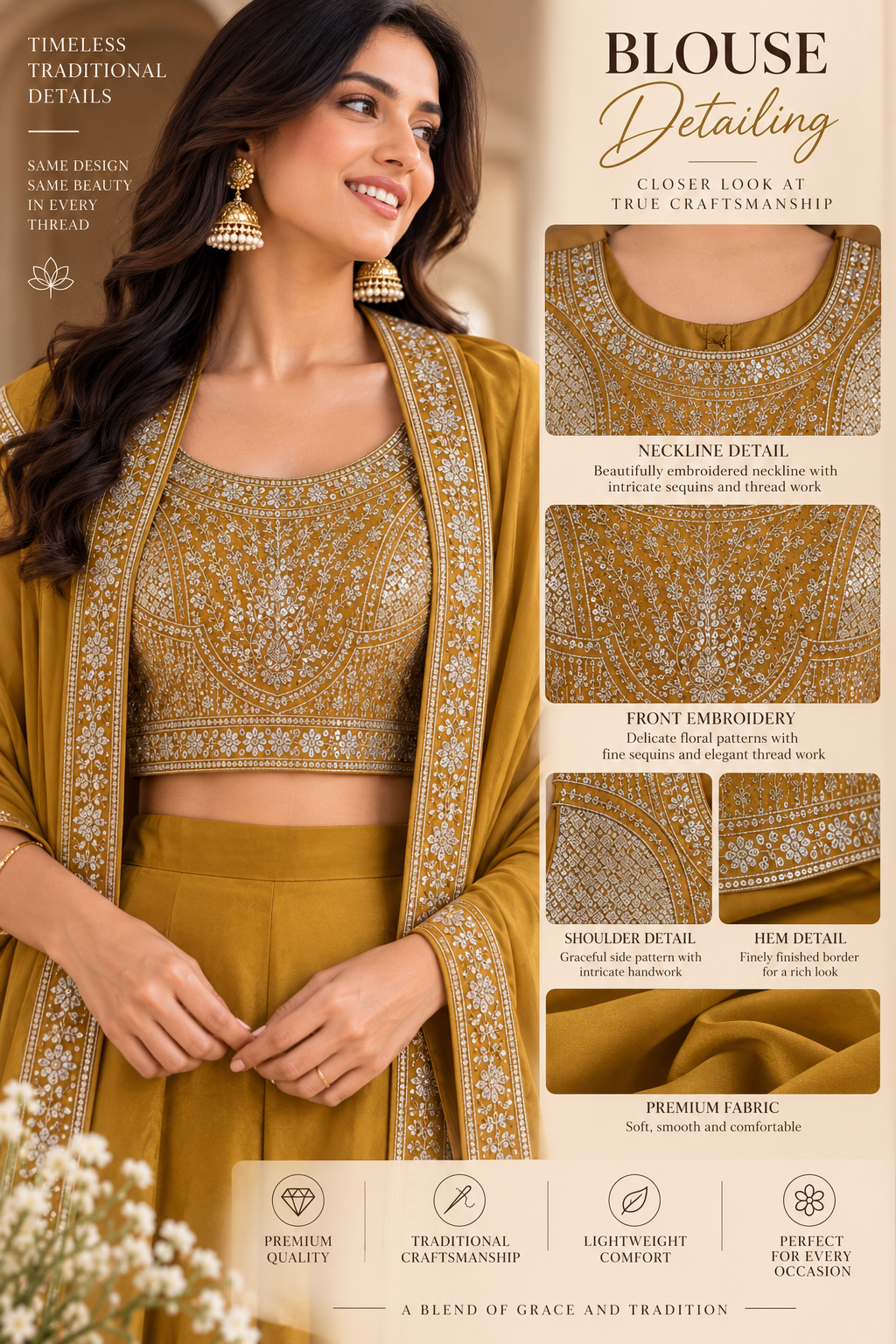 Mustard Cape Palazzo Set - Blouse Detailing
